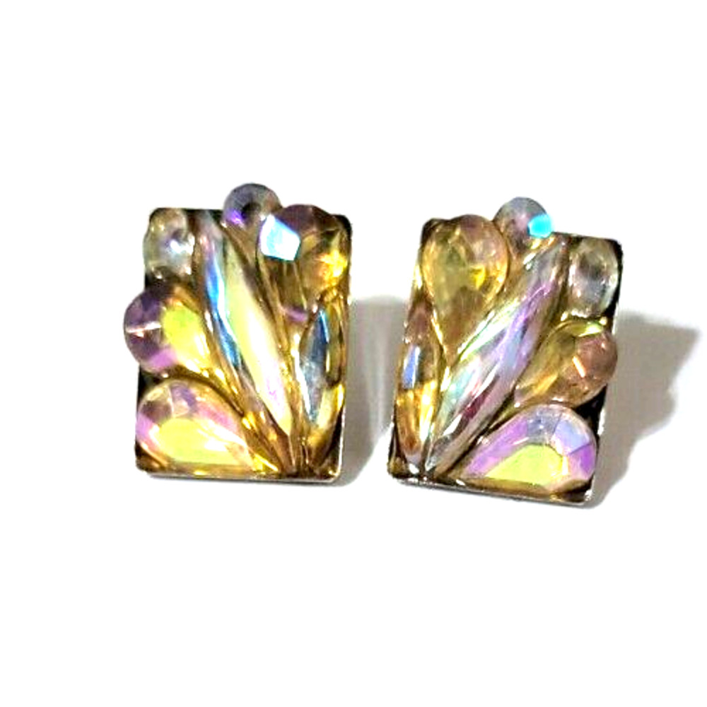 Vintage Pierced Earrings‎ Mogul Aurora Borealis Glass Rectangle Retro gp-86